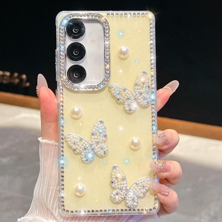Custodia per telefono antiurto con farfalle, perle e glitter di diamanti, a quattro angoli., For Samsung Galaxy S25 5G, For Samsung Galaxy S25+ 5G, For Samsung Galaxy S25 Ultra 5G, For Samsung Galaxy A16 5G