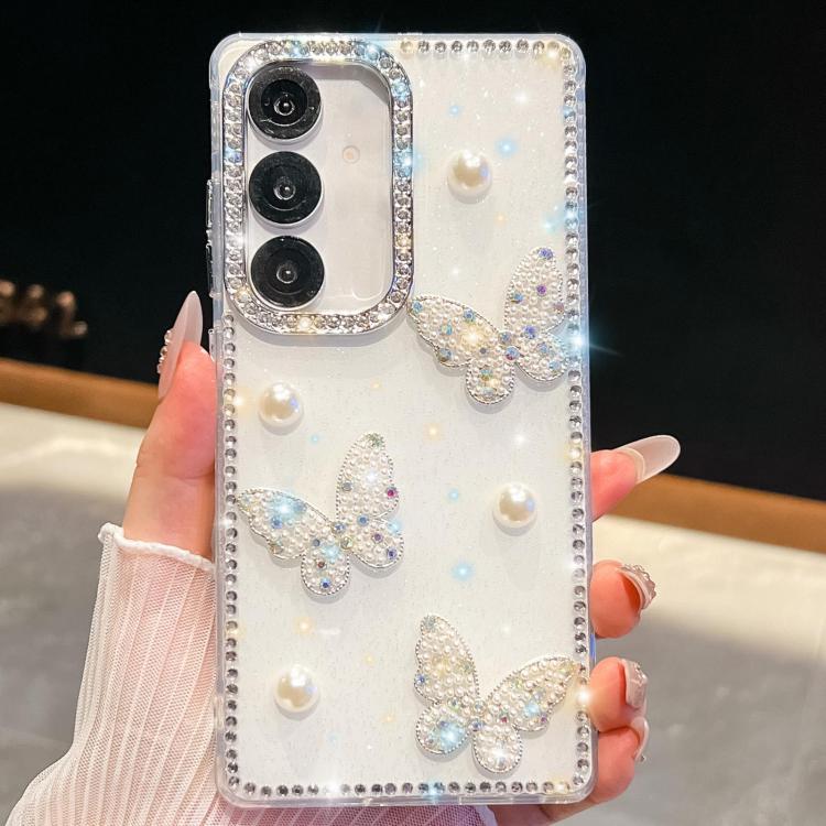 Custodia per telefono antiurto con farfalle, perle e glitter di diamanti, a quattro angoli., For Samsung Galaxy S25 5G, For Samsung Galaxy S25+ 5G, For Samsung Galaxy S25 Ultra 5G, For Samsung Galaxy A16 5G