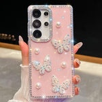 Custodia per telefono antiurto con farfalle, perle e glitter di diamanti, a quattro angoli., For Samsung Galaxy S24 Ultra 5G, For Samsung Galaxy S24+ 5G, For Samsung Galaxy S24 5G, For Samsung Galaxy S23 Ultra 5G