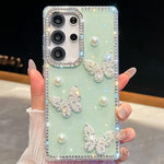 Custodia per telefono antiurto con farfalle, perle e glitter di diamanti, a quattro angoli., For Samsung Galaxy S24 Ultra 5G, For Samsung Galaxy S24+ 5G, For Samsung Galaxy S24 5G, For Samsung Galaxy S23 Ultra 5G
