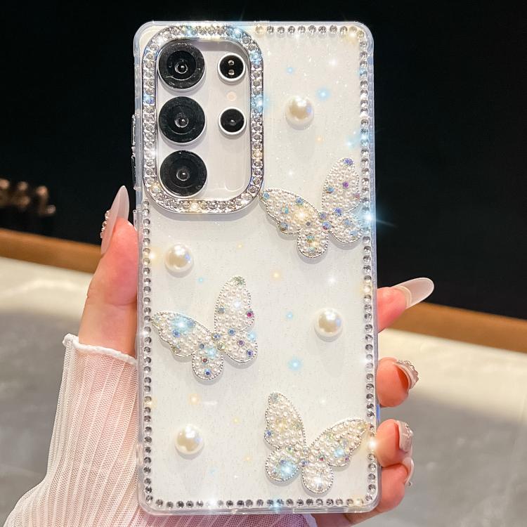 Custodia per telefono antiurto con farfalle, perle e glitter di diamanti, a quattro angoli., For Samsung Galaxy S24 Ultra 5G, For Samsung Galaxy S24+ 5G, For Samsung Galaxy S24 5G, For Samsung Galaxy S23 Ultra 5G