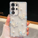 Custodia per telefono antiurto con farfalle, perle e glitter di diamanti, a quattro angoli., For Samsung Galaxy S24 Ultra 5G, For Samsung Galaxy S24+ 5G, For Samsung Galaxy S24 5G, For Samsung Galaxy S23 Ultra 5G