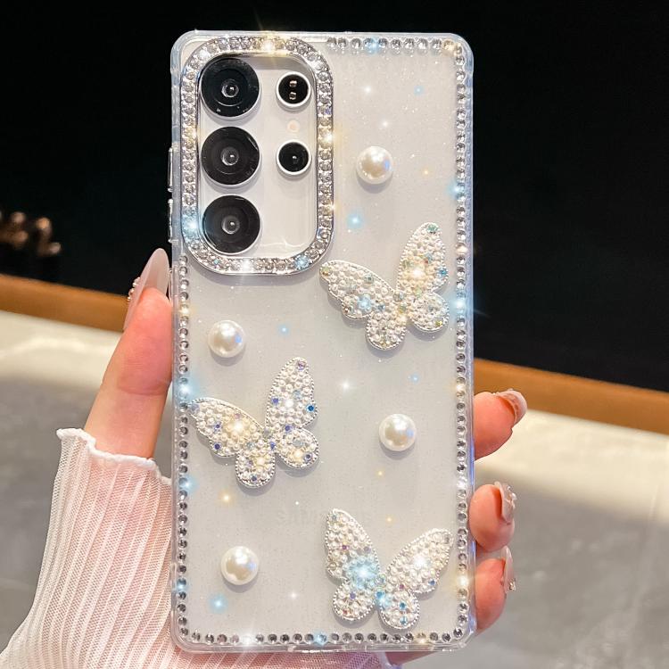 Custodia per telefono antiurto con farfalle, perle e glitter di diamanti, a quattro angoli., For Samsung Galaxy S24 Ultra 5G, For Samsung Galaxy S24+ 5G, For Samsung Galaxy S24 5G, For Samsung Galaxy S23 Ultra 5G