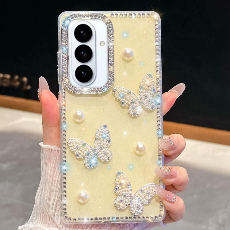 Custodia per telefono antiurto con farfalle, perle e glitter di diamanti, a quattro angoli., For Samsung Galaxy S26+ 5G, For Samsung Galaxy S26 Ultra 5G, For Samsung Galaxy S26 5G, For Samsung Galaxy A07 5G