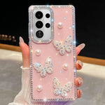 Custodia per telefono antiurto con farfalle, perle e glitter di diamanti, a quattro angoli., For Samsung Galaxy S26+ 5G, For Samsung Galaxy S26 Ultra 5G, For Samsung Galaxy S26 5G, For Samsung Galaxy A07 5G