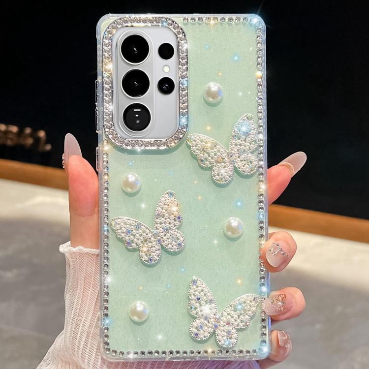 Custodia per telefono antiurto con farfalle, perle e glitter di diamanti, a quattro angoli., For Samsung Galaxy S26+ 5G, For Samsung Galaxy S26 Ultra 5G, For Samsung Galaxy S26 5G, For Samsung Galaxy A07 5G