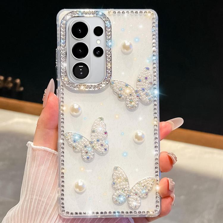 Custodia per telefono antiurto con farfalle, perle e glitter di diamanti, a quattro angoli., For Samsung Galaxy S26+ 5G, For Samsung Galaxy S26 Ultra 5G, For Samsung Galaxy S26 5G, For Samsung Galaxy A07 5G