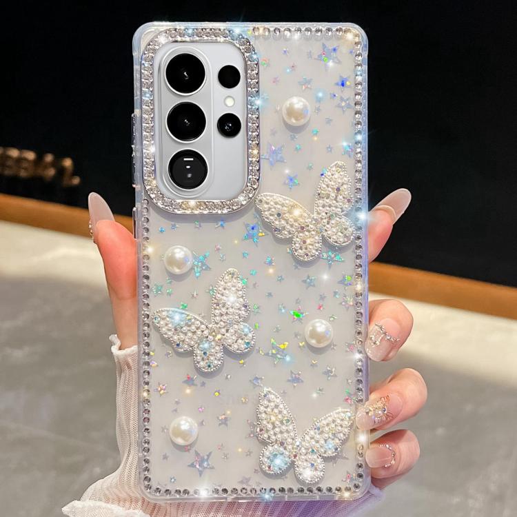 Custodia per telefono antiurto con farfalle, perle e glitter di diamanti, a quattro angoli., For Samsung Galaxy S26+ 5G, For Samsung Galaxy S26 Ultra 5G, For Samsung Galaxy S26 5G, For Samsung Galaxy A07 5G
