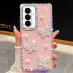 Custodia per telefono antiurto con farfalle, perle e glitter di diamanti, a quattro angoli., For Samsung Galaxy S26+ 5G, For Samsung Galaxy S26 Ultra 5G, For Samsung Galaxy S26 5G, For Samsung Galaxy A07 5G