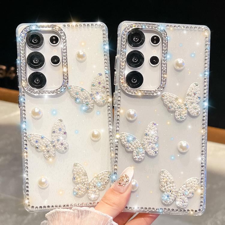 Custodia per telefono antiurto con farfalle, perle e glitter di diamanti, a quattro angoli., For Samsung Galaxy S26+ 5G, For Samsung Galaxy S26 Ultra 5G, For Samsung Galaxy S26 5G, For Samsung Galaxy A07 5G