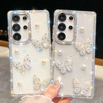 Custodia per telefono antiurto con farfalle, perle e glitter di diamanti, a quattro angoli., For Samsung Galaxy S25 5G, For Samsung Galaxy S25+ 5G, For Samsung Galaxy S25 Ultra 5G, For Samsung Galaxy A16 5G