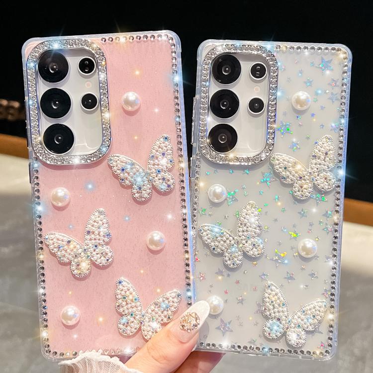 Custodia per telefono antiurto con farfalle, perle e glitter di diamanti, a quattro angoli., For Samsung Galaxy S26+ 5G, For Samsung Galaxy S26 Ultra 5G, For Samsung Galaxy S26 5G, For Samsung Galaxy A07 5G