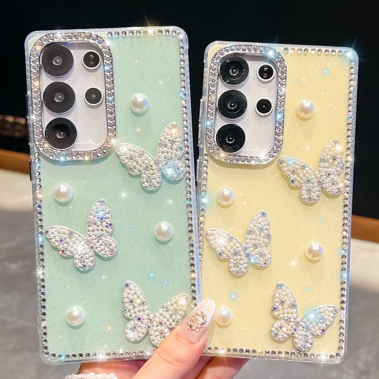 Custodia per telefono antiurto con farfalle, perle e glitter di diamanti, a quattro angoli., For Samsung Galaxy S26+ 5G, For Samsung Galaxy S26 Ultra 5G, For Samsung Galaxy S26 5G, For Samsung Galaxy A07 5G