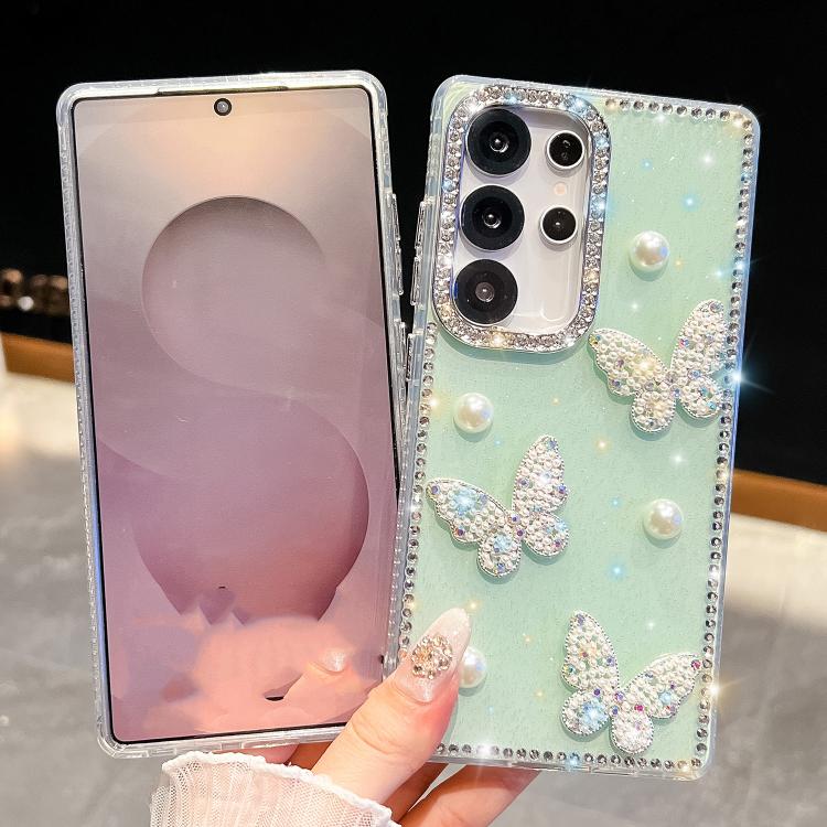 Custodia per telefono antiurto con farfalle, perle e glitter di diamanti, a quattro angoli., For Samsung Galaxy S24 Ultra 5G, For Samsung Galaxy S24+ 5G, For Samsung Galaxy S24 5G, For Samsung Galaxy S23 Ultra 5G