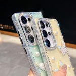 Custodia per telefono antiurto con farfalle, perle e glitter di diamanti, a quattro angoli., For Samsung Galaxy S26+ 5G, For Samsung Galaxy S26 Ultra 5G, For Samsung Galaxy S26 5G, For Samsung Galaxy A07 5G