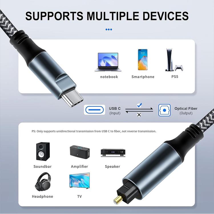 JUNSUNMAY Male USB Type-C to Male Toslink Optical Audio SPDIF Cable, 1.2m, 1.8m, 3m, 4.5m