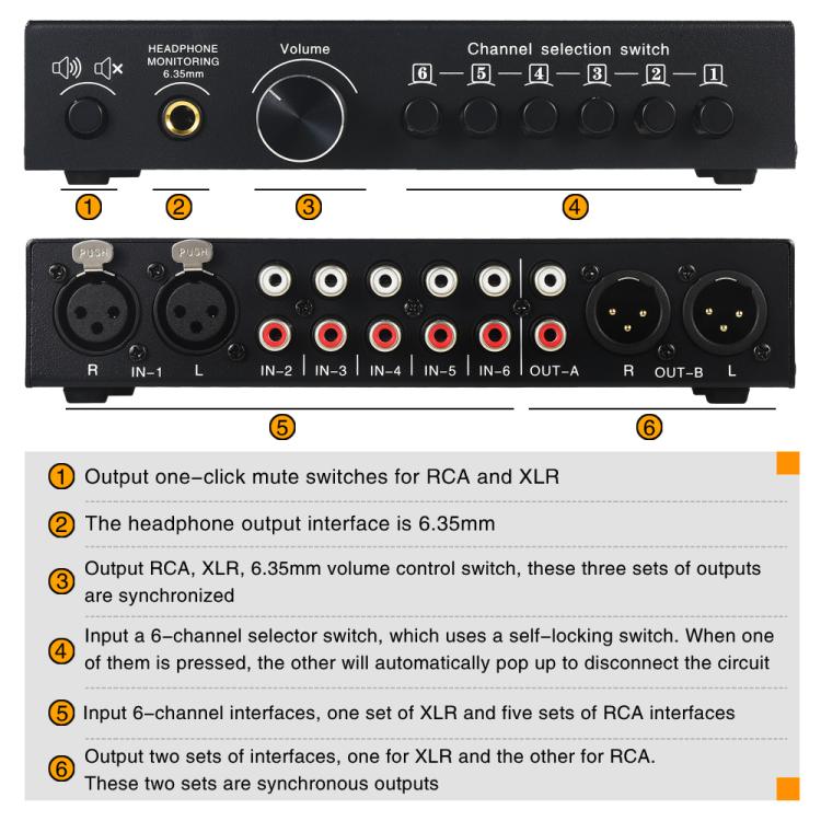 Selettore segnale audio 6 ingressi 3 uscite RCA XLR