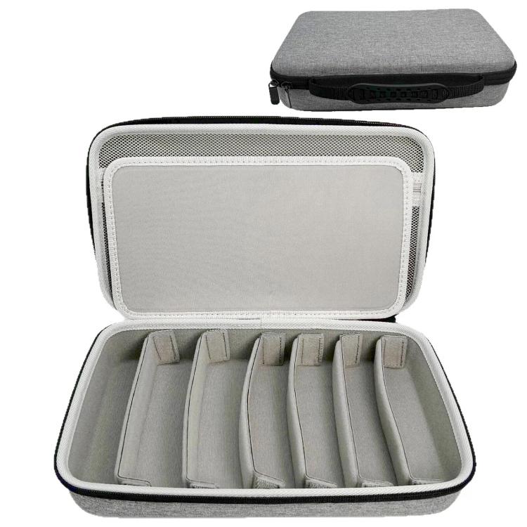 Custodia rigida portatile, regolabile e multi-scomparto per occhiali.