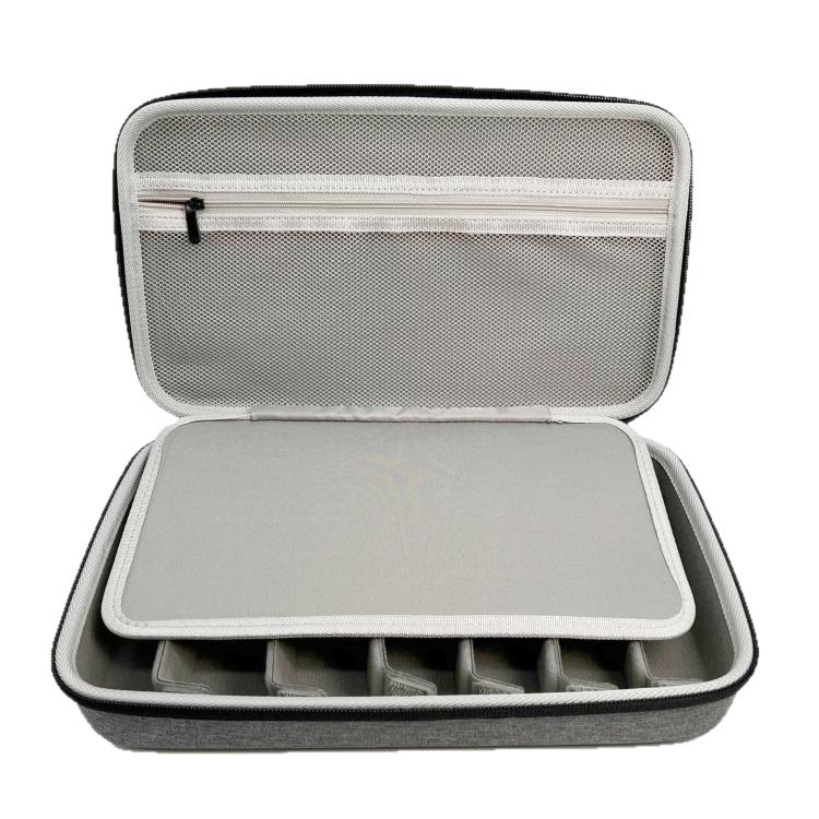 Custodia rigida portatile, regolabile e multi-scomparto per occhiali.