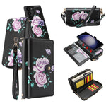 Portafoglio multifunzionale con cerniera e fibbia a forma di fiore tracolla, custodia per telefono in pelle vegana, For Samsung Galaxy S24+ 5G, For Samsung Galaxy S24 5G, For Samsung Galaxy S23 Ultra 5G, For Samsung Galaxy S23+ 5G