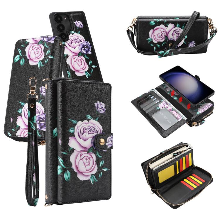 Portafoglio multifunzionale con cerniera e fibbia a forma di fiore tracolla, custodia per telefono in pelle vegana, For Samsung Galaxy S24+ 5G, For Samsung Galaxy S24 5G, For Samsung Galaxy S23 Ultra 5G, For Samsung Galaxy S23+ 5G