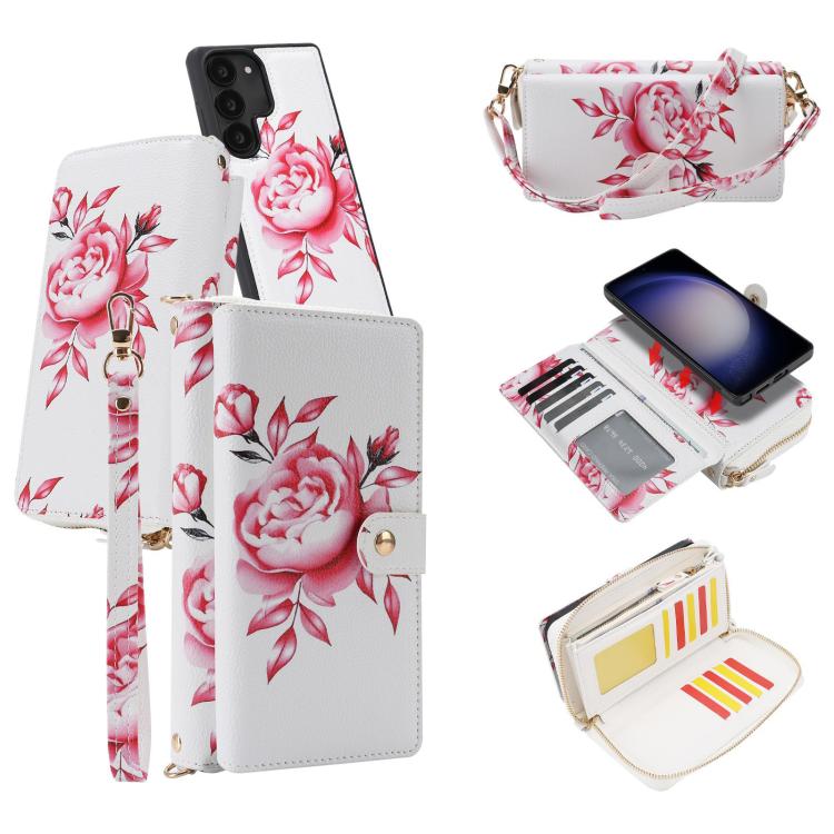 Portafoglio multifunzionale con cerniera e fibbia a forma di fiore tracolla, custodia per telefono in pelle vegana, For Samsung Galaxy S24+ 5G, For Samsung Galaxy S24 5G, For Samsung Galaxy S23 Ultra 5G, For Samsung Galaxy S23+ 5G