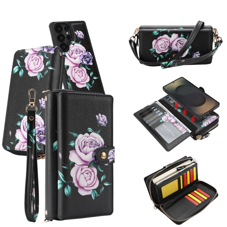 Portafoglio multifunzionale con cerniera e fibbia a forma di fiore tracolla, custodia per telefono in pelle vegana, For Samsung Galaxy S24+ 5G, For Samsung Galaxy S24 5G, For Samsung Galaxy S23 Ultra 5G, For Samsung Galaxy S23+ 5G