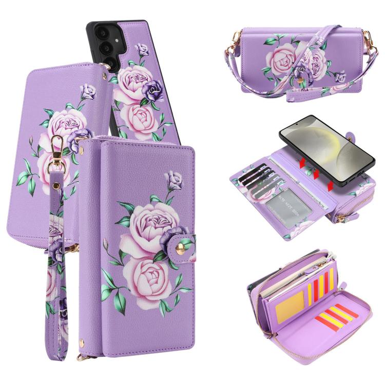 Portafoglio multifunzionale con cerniera e fibbia a forma di fiore tracolla, custodia per telefono in pelle vegana, For Samsung Galaxy S24+ 5G, For Samsung Galaxy S24 5G, For Samsung Galaxy S23 Ultra 5G, For Samsung Galaxy S23+ 5G