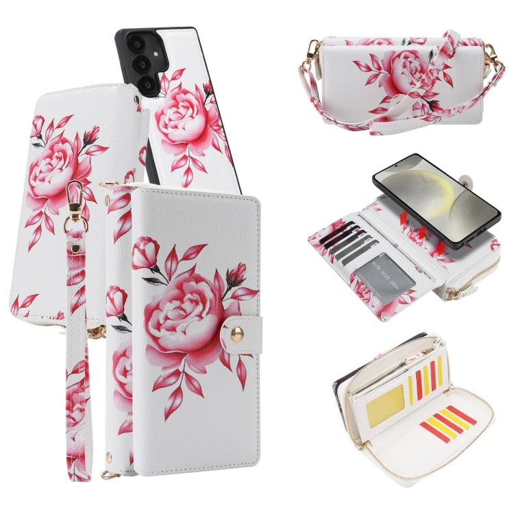 Portafoglio multifunzionale con cerniera e fibbia a forma di fiore tracolla, custodia per telefono in pelle vegana, For Samsung Galaxy S24+ 5G, For Samsung Galaxy S24 5G, For Samsung Galaxy S23 Ultra 5G, For Samsung Galaxy S23+ 5G