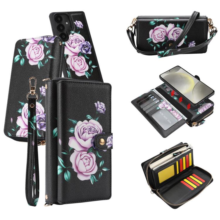 Portafoglio multifunzionale con cerniera e fibbia a forma di fiore tracolla, custodia per telefono in pelle vegana, For Samsung Galaxy S24+ 5G, For Samsung Galaxy S24 5G, For Samsung Galaxy S23 Ultra 5G, For Samsung Galaxy S23+ 5G