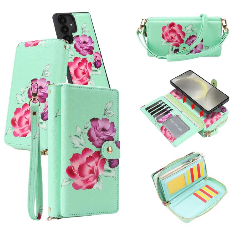 Portafoglio multifunzionale con cerniera e fibbia a forma di fiore tracolla, custodia per telefono in pelle vegana, For Samsung Galaxy S24+ 5G, For Samsung Galaxy S24 5G, For Samsung Galaxy S23 Ultra 5G, For Samsung Galaxy S23+ 5G