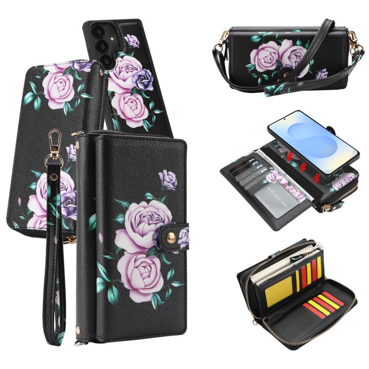 Portafoglio multifunzionale con cerniera e fibbia a forma di fiore tracolla, custodia per telefono in pelle vegana, For Samsung Galaxy S25 5G, For Samsung Galaxy S25+ 5G, For Samsung Galaxy S25 Ultra 5G, For Samsung Galaxy S24 Ultra 5G