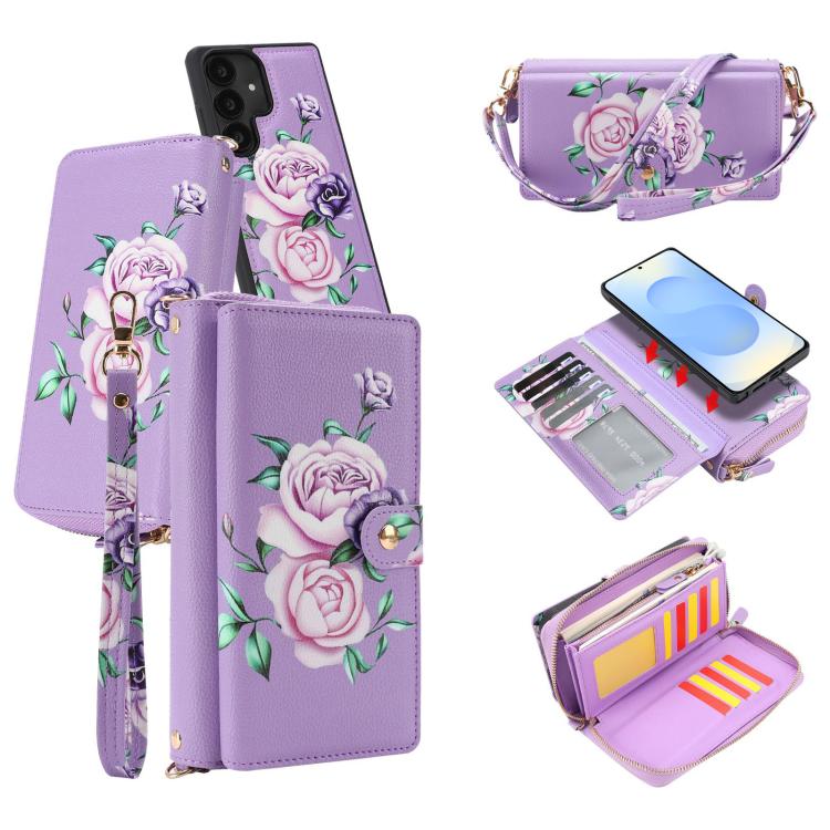Portafoglio multifunzionale con cerniera e fibbia a forma di fiore tracolla, custodia per telefono in pelle vegana, For Samsung Galaxy S25 5G, For Samsung Galaxy S25+ 5G, For Samsung Galaxy S25 Ultra 5G, For Samsung Galaxy S24 Ultra 5G