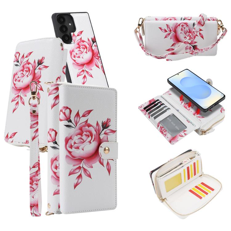 Portafoglio multifunzionale con cerniera e fibbia a forma di fiore tracolla, custodia per telefono in pelle vegana, For Samsung Galaxy S25 5G, For Samsung Galaxy S25+ 5G, For Samsung Galaxy S25 Ultra 5G, For Samsung Galaxy S24 Ultra 5G