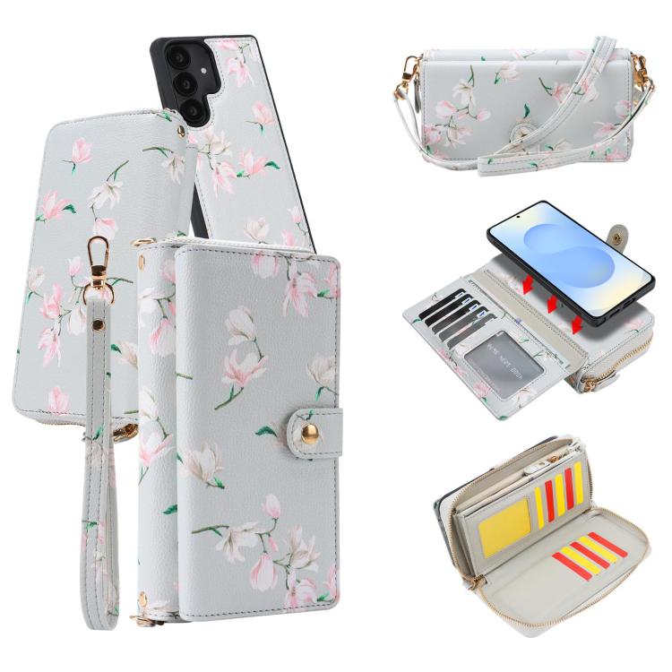 Portafoglio multifunzionale con cerniera e fibbia a forma di fiore tracolla, custodia per telefono in pelle vegana, For Samsung Galaxy S25 5G, For Samsung Galaxy S25+ 5G, For Samsung Galaxy S25 Ultra 5G, For Samsung Galaxy S24 Ultra 5G