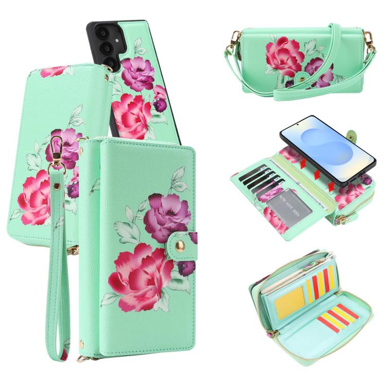 Portafoglio multifunzionale con cerniera e fibbia a forma di fiore tracolla, custodia per telefono in pelle vegana, For Samsung Galaxy S25 5G, For Samsung Galaxy S25+ 5G, For Samsung Galaxy S25 Ultra 5G, For Samsung Galaxy S24 Ultra 5G