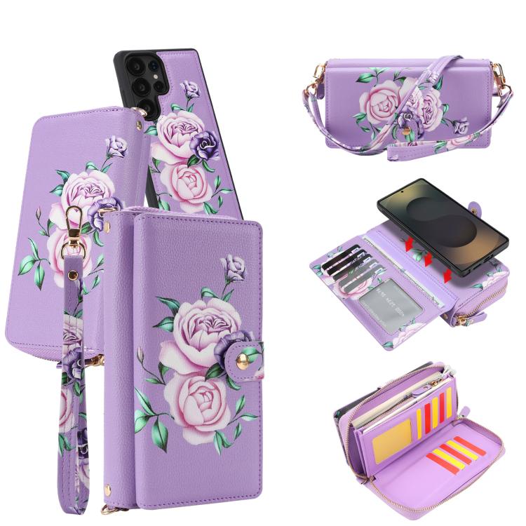 Portafoglio multifunzionale con cerniera e fibbia a forma di fiore tracolla, custodia per telefono in pelle vegana, For Samsung Galaxy S25 5G, For Samsung Galaxy S25+ 5G, For Samsung Galaxy S25 Ultra 5G, For Samsung Galaxy S24 Ultra 5G