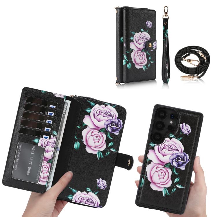 Portafoglio multifunzionale con cerniera e fibbia a forma di fiore tracolla, custodia per telefono in pelle vegana, For Samsung Galaxy S25 5G, For Samsung Galaxy S25+ 5G, For Samsung Galaxy S25 Ultra 5G, For Samsung Galaxy S24 Ultra 5G