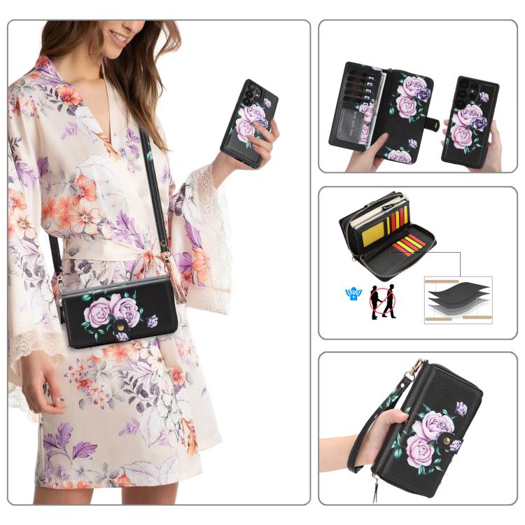 Portafoglio multifunzionale con cerniera e fibbia a forma di fiore tracolla, custodia per telefono in pelle vegana, For Samsung Galaxy S23 5G