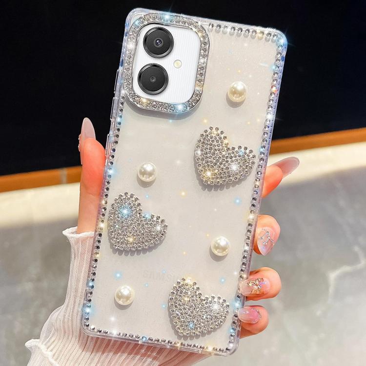 Custodia per telefono antiurto con cuore di perle e glitter di diamanti, con quattro angoli rinforzati., For Samsung Galaxy S26+ 5G, For Samsung Galaxy S26 Ultra 5G, For Samsung Galaxy S26 5G, For Samsung Galaxy A07 5G