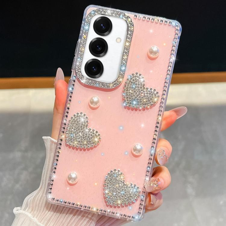 Custodia per telefono antiurto con cuore di perle e glitter di diamanti, con quattro angoli rinforzati., For Samsung Galaxy S25 5G, For Samsung Galaxy S25+ 5G, For Samsung Galaxy S25 Ultra 5G, For Samsung Galaxy A16 5G
