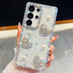 Custodia per telefono antiurto con cuore di perle e glitter di diamanti, con quattro angoli rinforzati., For Samsung Galaxy S24 Ultra 5G, For Samsung Galaxy S24+ 5G, For Samsung Galaxy S24 5G, For Samsung Galaxy S23 Ultra 5G