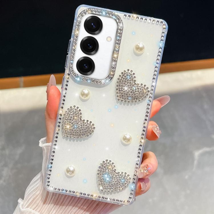 Custodia per telefono antiurto con cuore di perle e glitter di diamanti, con quattro angoli rinforzati., For Samsung Galaxy S24 Ultra 5G, For Samsung Galaxy S24+ 5G, For Samsung Galaxy S24 5G, For Samsung Galaxy S23 Ultra 5G