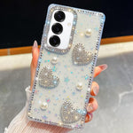 Custodia per telefono antiurto con cuore di perle e glitter di diamanti, con quattro angoli rinforzati., For Samsung Galaxy S24 Ultra 5G, For Samsung Galaxy S24+ 5G, For Samsung Galaxy S24 5G, For Samsung Galaxy S23 Ultra 5G