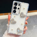 Custodia per telefono antiurto con cuore di perle e glitter di diamanti, con quattro angoli rinforzati., For Samsung Galaxy S24 Ultra 5G, For Samsung Galaxy S24+ 5G, For Samsung Galaxy S24 5G, For Samsung Galaxy S23 Ultra 5G