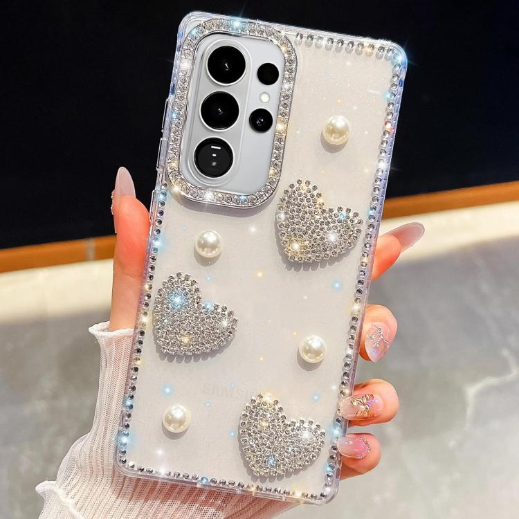 Custodia per telefono antiurto con cuore di perle e glitter di diamanti, con quattro angoli rinforzati., For Samsung Galaxy S26+ 5G, For Samsung Galaxy S26 Ultra 5G, For Samsung Galaxy S26 5G, For Samsung Galaxy A07 5G
