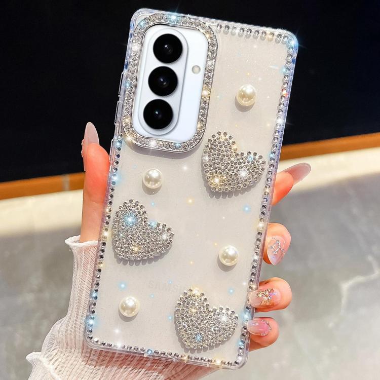 Custodia per telefono antiurto con cuore di perle e glitter di diamanti, con quattro angoli rinforzati., For Samsung Galaxy S26+ 5G, For Samsung Galaxy S26 Ultra 5G, For Samsung Galaxy S26 5G, For Samsung Galaxy A07 5G