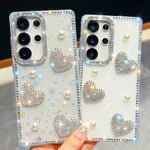 Custodia per telefono antiurto con cuore di perle e glitter di diamanti, con quattro angoli rinforzati., For Samsung Galaxy S26+ 5G, For Samsung Galaxy S26 Ultra 5G, For Samsung Galaxy S26 5G, For Samsung Galaxy A07 5G