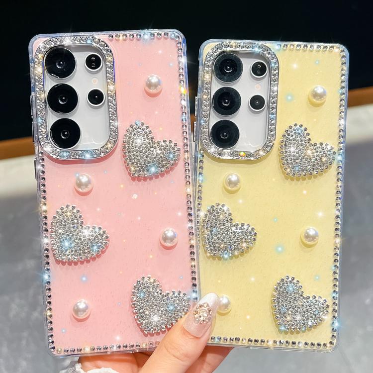 Custodia per telefono antiurto con cuore di perle e glitter di diamanti, con quattro angoli rinforzati., For Samsung Galaxy S26+ 5G, For Samsung Galaxy S26 Ultra 5G, For Samsung Galaxy S26 5G, For Samsung Galaxy A07 5G