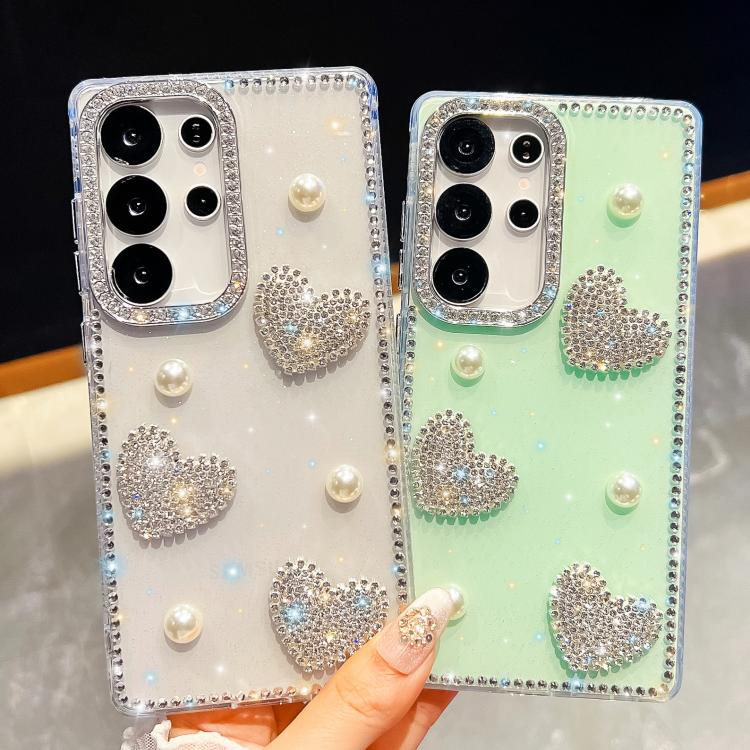 Custodia per telefono antiurto con cuore di perle e glitter di diamanti, con quattro angoli rinforzati., For Samsung Galaxy S24 Ultra 5G, For Samsung Galaxy S24+ 5G, For Samsung Galaxy S24 5G, For Samsung Galaxy S23 Ultra 5G